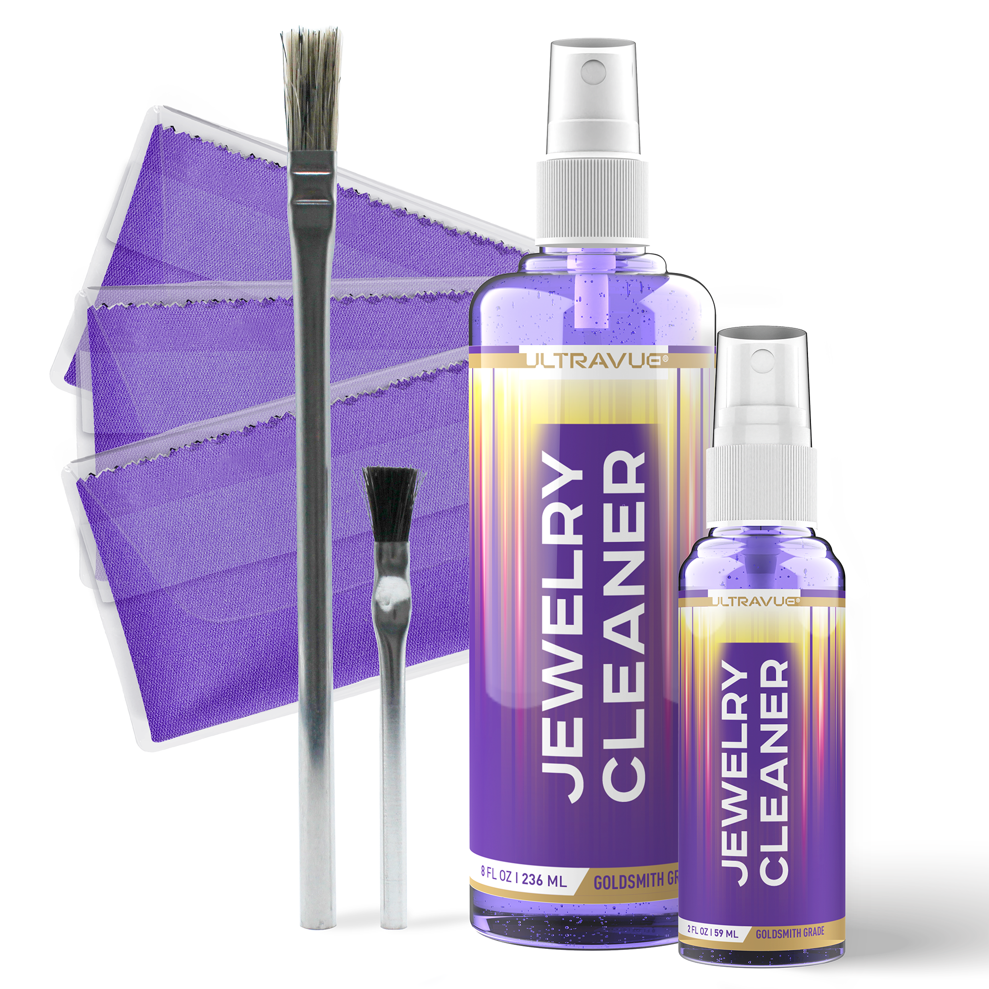 ULTRAVUE Jewelry Cleaner Set - Cleans All Jewels, Diamonds, Gold, Silver Earring Cleaner & Gem Cleaner - 1 x 2oz and 1 x 8oz Jewelry Cleaner Gel Spray, 3 x Microfiber Cloth, 2 x Horsehair Brush.