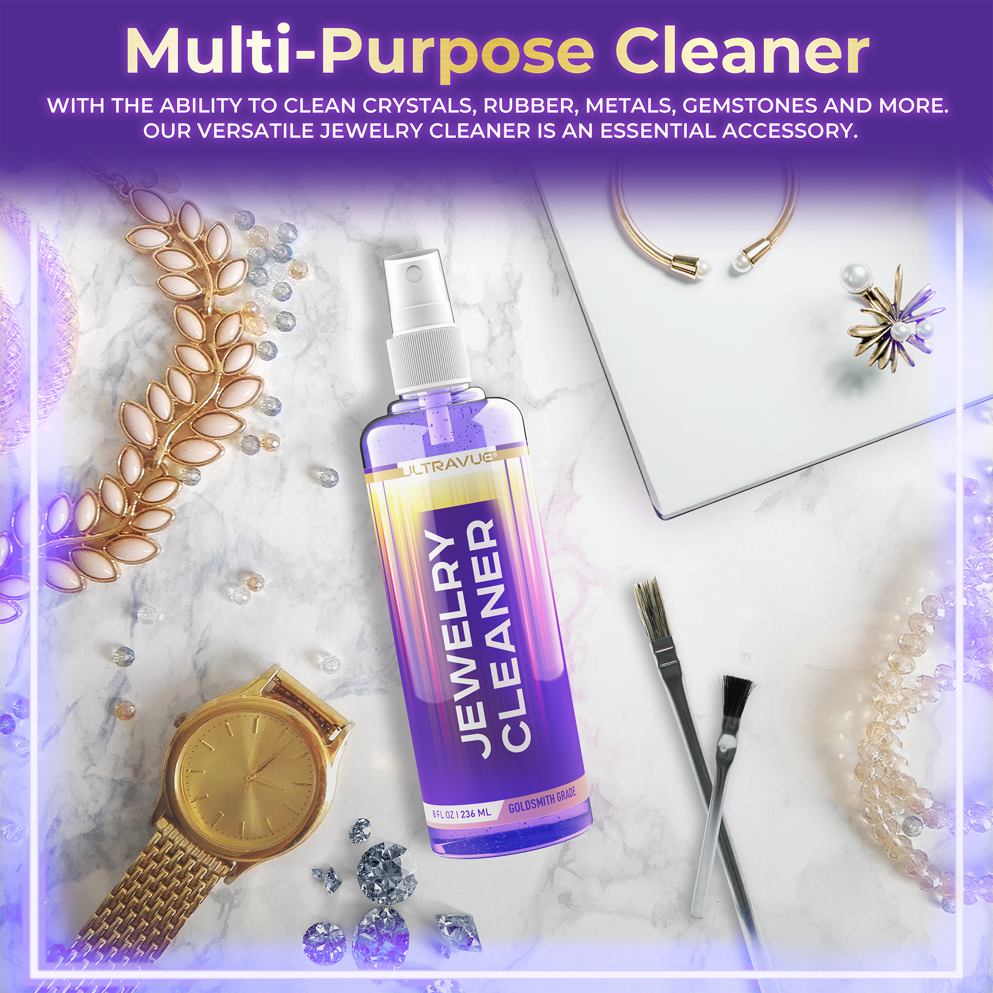 ULTRAVUE Jewelry Cleaner Set - Cleans All Jewels, Diamonds, Gold, Silver Earring Cleaner & Gem Cleaner - 1 x 2oz and 1 x 8oz Jewelry Cleaner Gel Spray, 3 x Microfiber Cloth, 2 x Horsehair Brush.