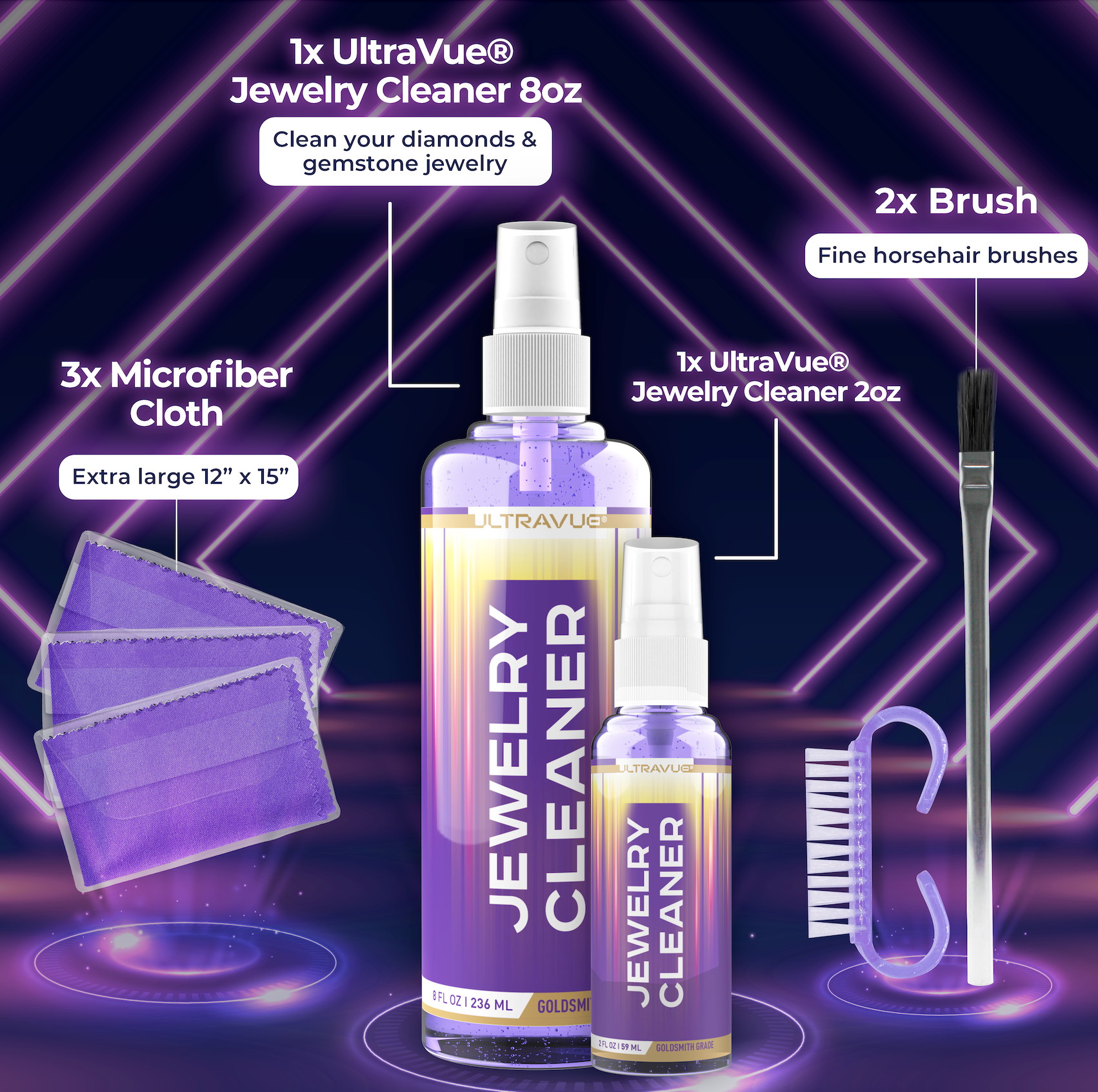 ULTRAVUE Jewelry Cleaner Set - Cleans All Jewels, Diamonds, Gold, Silver Earring Cleaner & Gem Cleaner - 1 x 2oz and 1 x 8oz Jewelry Cleaner Gel Spray, 3 x Microfiber Cloth, 2 x Horsehair Brush.