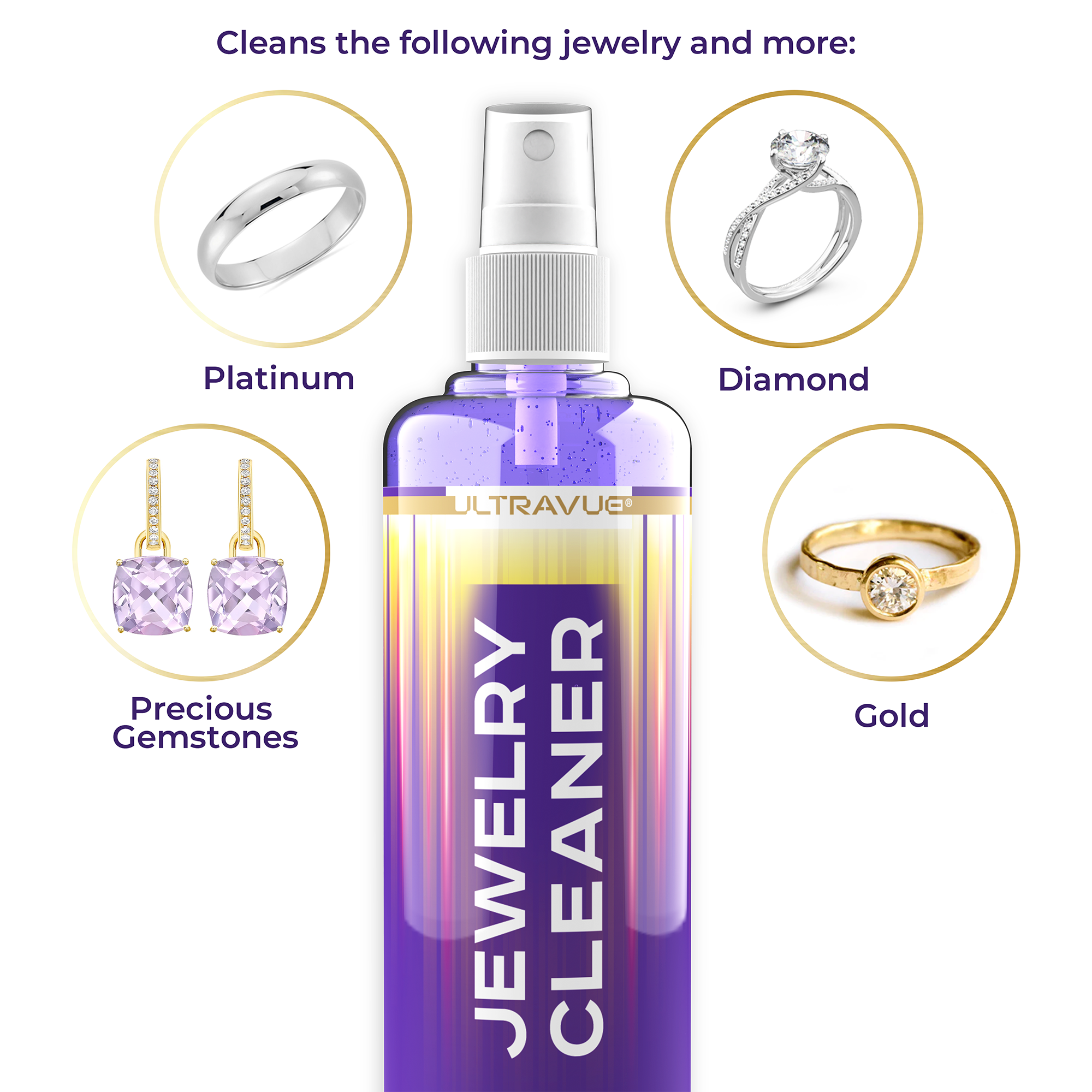 ULTRAVUE Jewelry Cleaner Set - Cleans All Jewels, Diamonds, Gold, Silver Earring Cleaner & Gem Cleaner - 1 x 2oz and 1 x 8oz Jewelry Cleaner Gel Spray, 3 x Microfiber Cloth, 2 x Horsehair Brush.