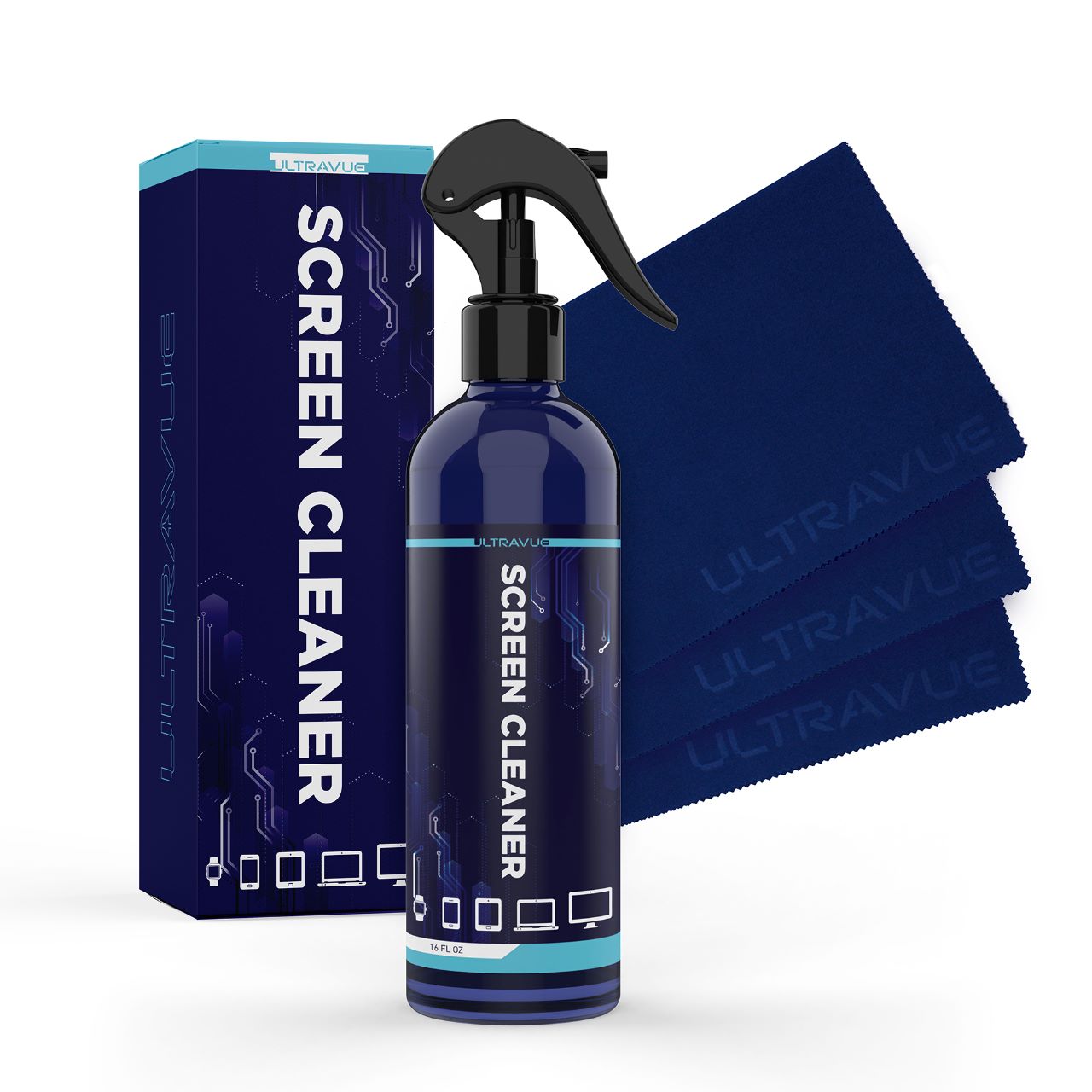 ULTRAVUE TV Screen Cleaner Kit- All in One Screen Cleaner - Ideal for Computer Monitor, LED, LCD, iPad, Laptops, Smartphones, & Touchscreens- 16oz Bottle & 3 Microfiber Cleaning Cloths