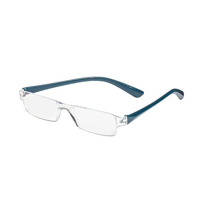 Blue light blocking glasses with teal temples in a case